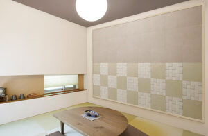 土壁をイメージした質感と市松のパターンがナチュラルな和を感じさせます。 和室の壁面や和モダンなインテリアのアクセントとしておすすめです。